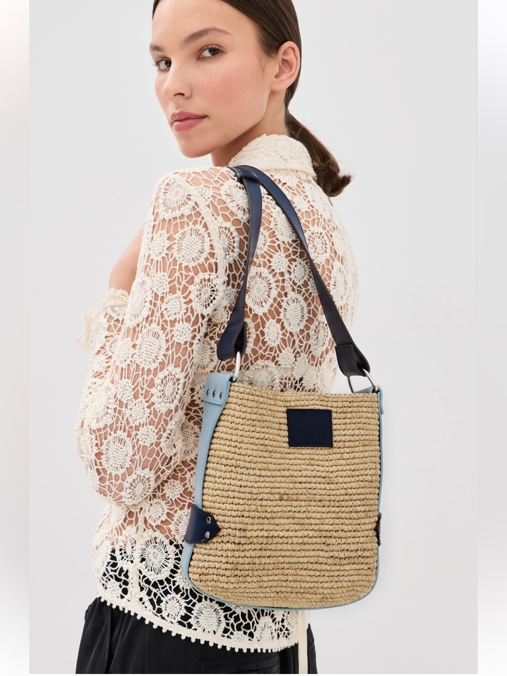 ISABEL MARANT MAYIA Natural Straw Shoulder Bag with Navy Trim NWT